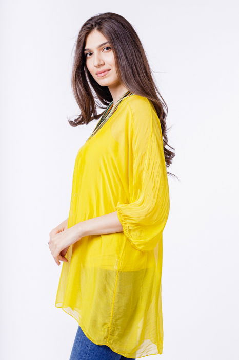 Bluza tip camasa din matase si vascoza galbena, cu elastic la maneci si dublura [2]