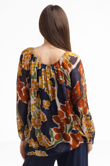 Bluza dama lejera din matase si vascoza cu imprimeu floral multicolor si maneci lungi [3]