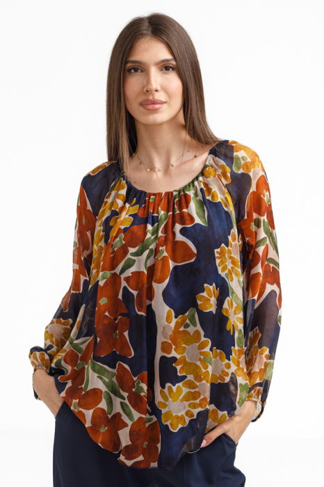 Bluza dama lejera din matase si vascoza cu imprimeu floral multicolor si maneci lungi