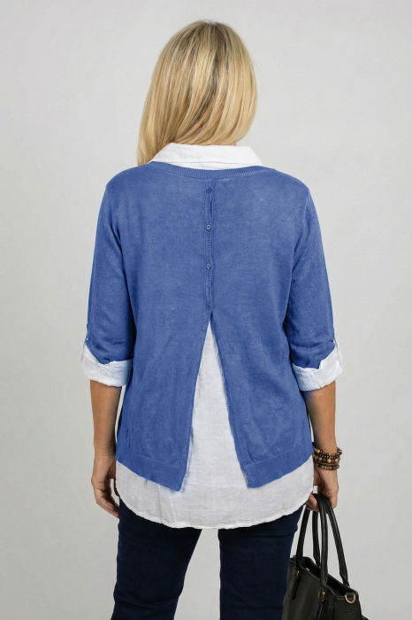 Bluza si camasa trei in unu, cu tricot fin, camasa din bumbac si esarfa cu franjuri dantelati, albstra [2]