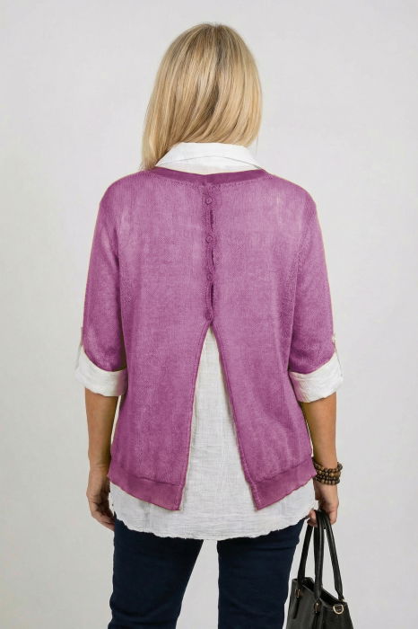 Pulover si camasa trei in unu, cu tricotaj lana si mohair, camasa din bumbac si esarfa cu franjuri dantelati, mov [2]