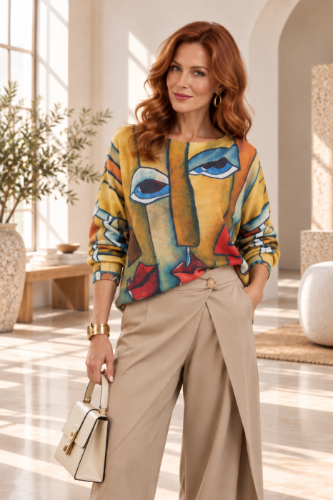 Bluza tricotaj subtire cu imprimeu cubist pe fond galben mustar