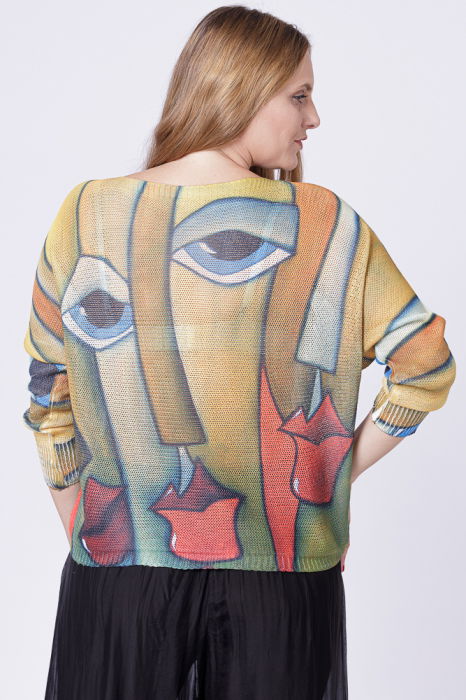 Bluza tricotaj subtire cu imprimeu stil Picasso pe fond galben [3]