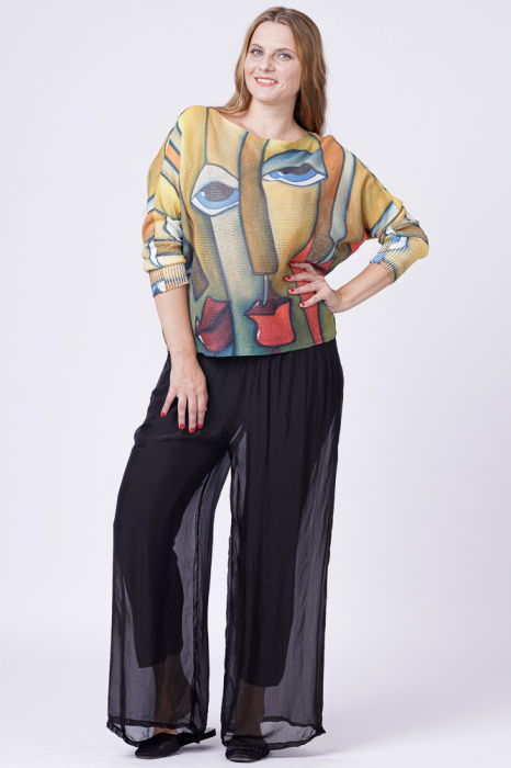 Bluza tricotaj subtire cu imprimeu stil Picasso pe fond galben [4]