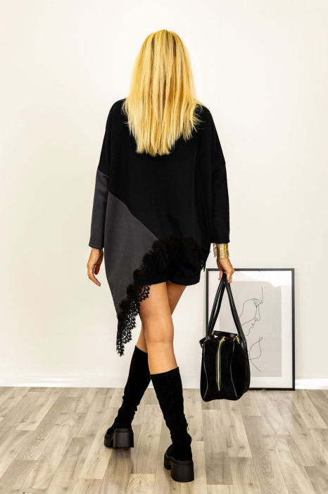 Bluza tunica asimetrica din jerseu negru si gri cu dantela neagra aplicata [2]