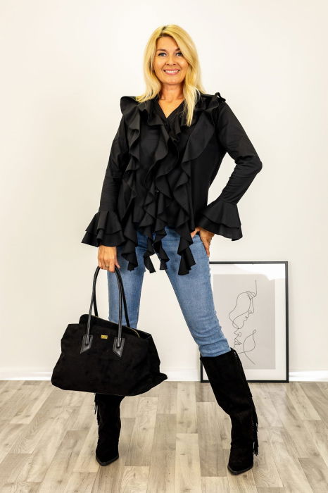 Bluza cu volane la maneci si jabou din bumbac fin si batist negru [3]