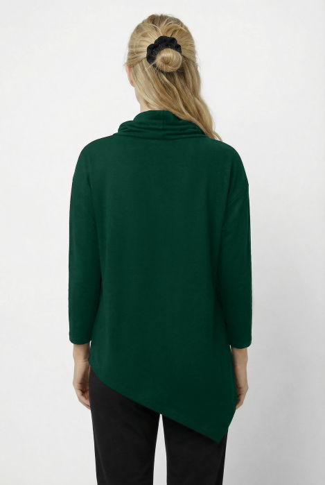 Bluza tunica cu colt, din vascoza, cu guler inalt, fermoar oblic si croi asimetric, verde [2]