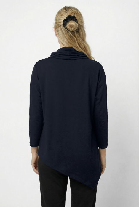 Bluza tunica cu colt, din bumbac, cu guler inalt reglabil si fermoar oblic, bleumarin [2]