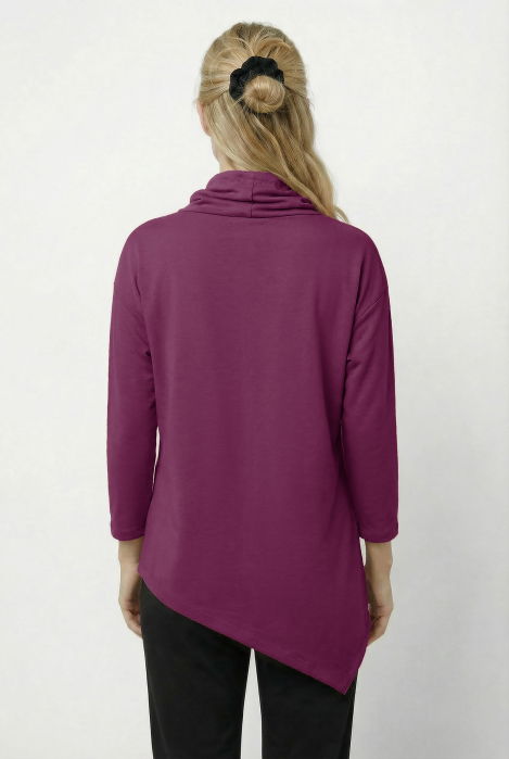 Bluza tunica cu colt, din bumbac, cu guler inalt reglabil si fermoar oblic, mov zmeura [2]
