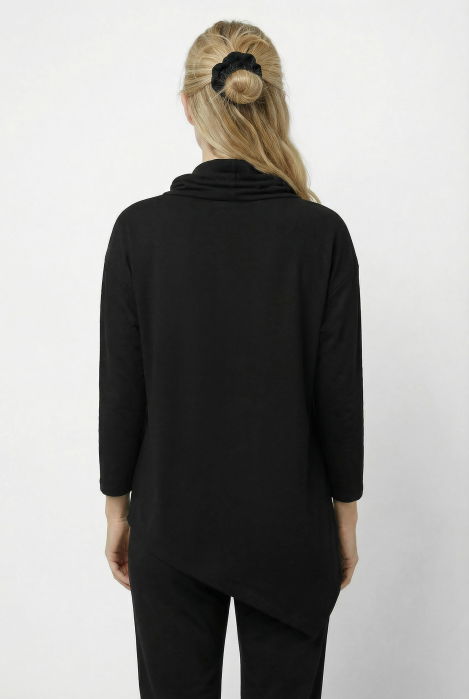 Bluza tunica cu colt, din bumbac, cu guler inalt reglabil si fermoar oblic, neagra [2]