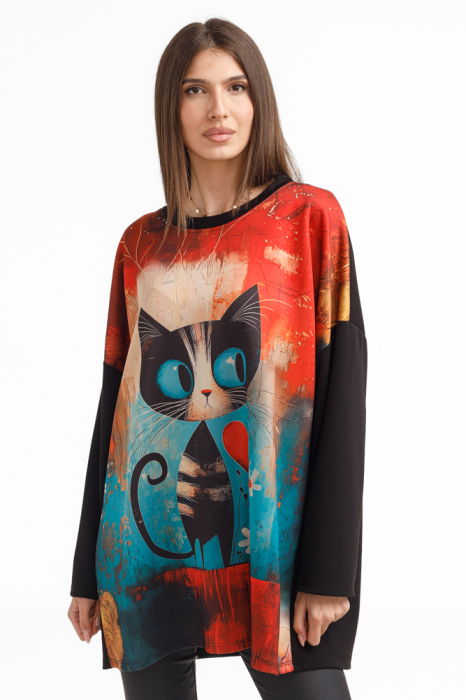 Bluza tunica oversized neagra cu pisica haioasa si inimioara din vascoza [2]