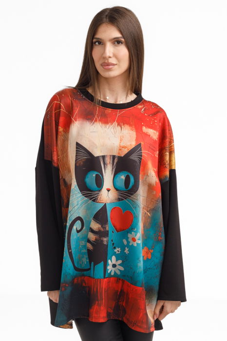Bluza tunica oversized neagra cu pisica haioasa si inimioara din vascoza
