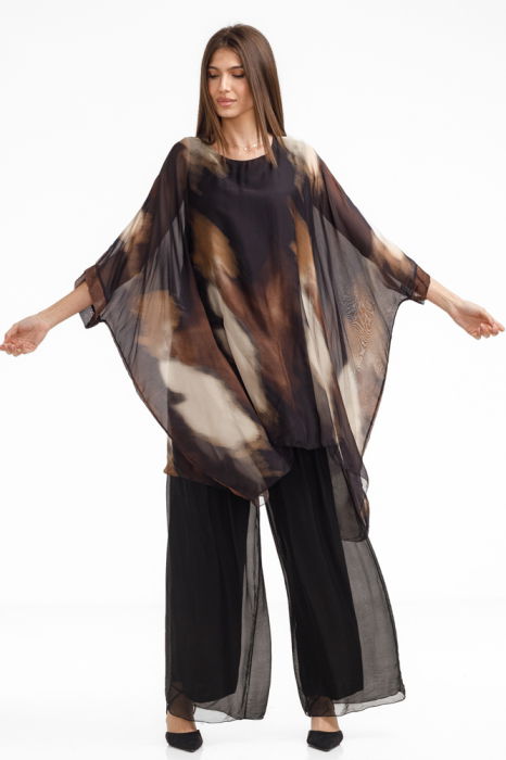 Bluza tunica din matase cu croiala asimetrica si imprimeu abstract in nuante de maro si bej