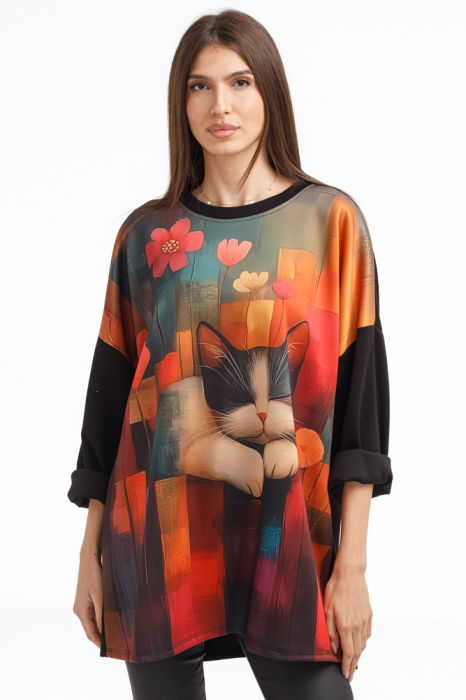 Bluza tunica oversized neagra cu pisica somnoroasa, din vascoza