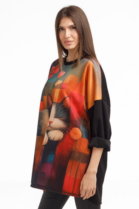Bluza tunica oversized neagra cu pisica somnoroasa, din vascoza [2]