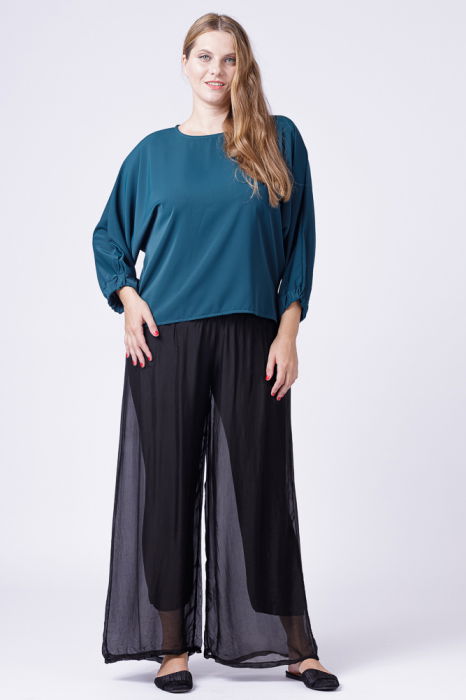 Bluza turcoaz inchis larga cu nasturei pe spate si maneci fluture [4]