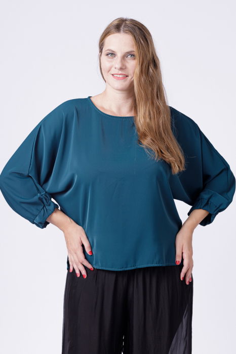 Bluza turcoaz inchis larga cu nasturei pe spate si maneci fluture [2]