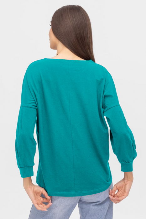 Bluza uni cu maneca bufanta din tricot de bumbac, turcoaz [2]