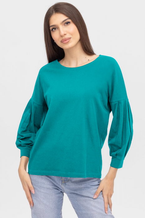 Bluza uni cu maneca bufanta din tricot de bumbac, turcoaz [1]