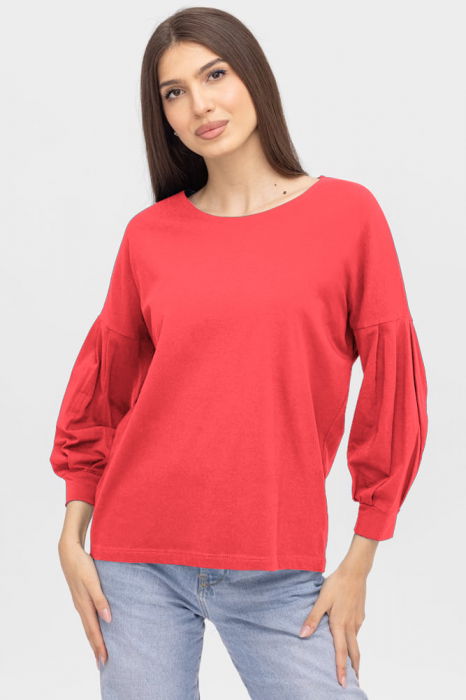 Bluza uni cu maneca bufanta din tricot de bumbac, corai [1]