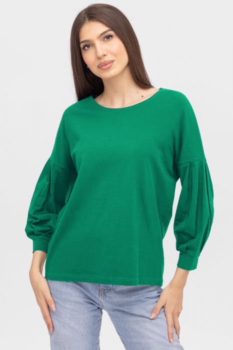 Bluza uni cu maneca bufanta din tricot de bumbac, verde [1]
