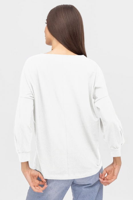 Bluza uni cu maneca bufanta din tricot de bumbac, alba [2]