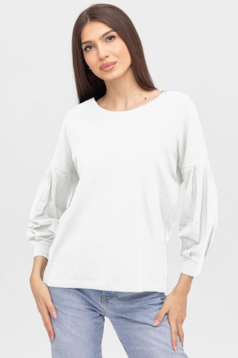 Bluza uni cu maneca bufanta din tricot de bumbac, alba [1]