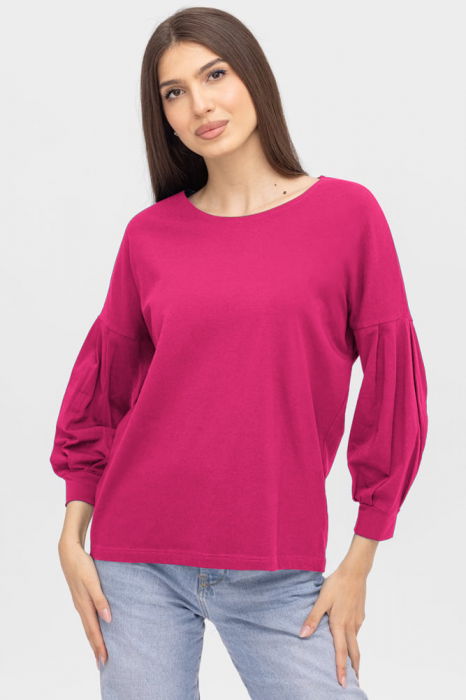 Bluza uni cu maneca bufanta din tricot de bumbac, fucsia [1]