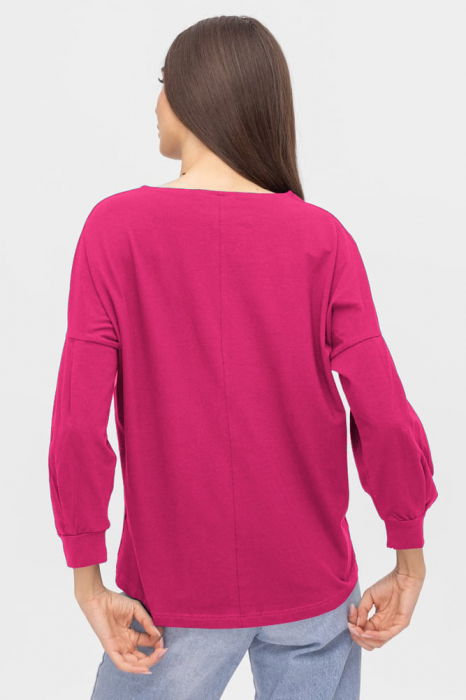 Bluza uni cu maneca bufanta din tricot de bumbac, fucsia [2]