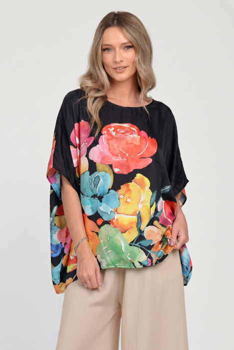 Bluza ampla din satin de matase si vascoza cu imprimeu floral pictural - negru multicolor