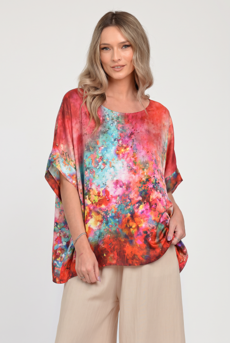 Bluza ampla din satin de matase si vascoza cu imprimeu pictural - rosu multicolor