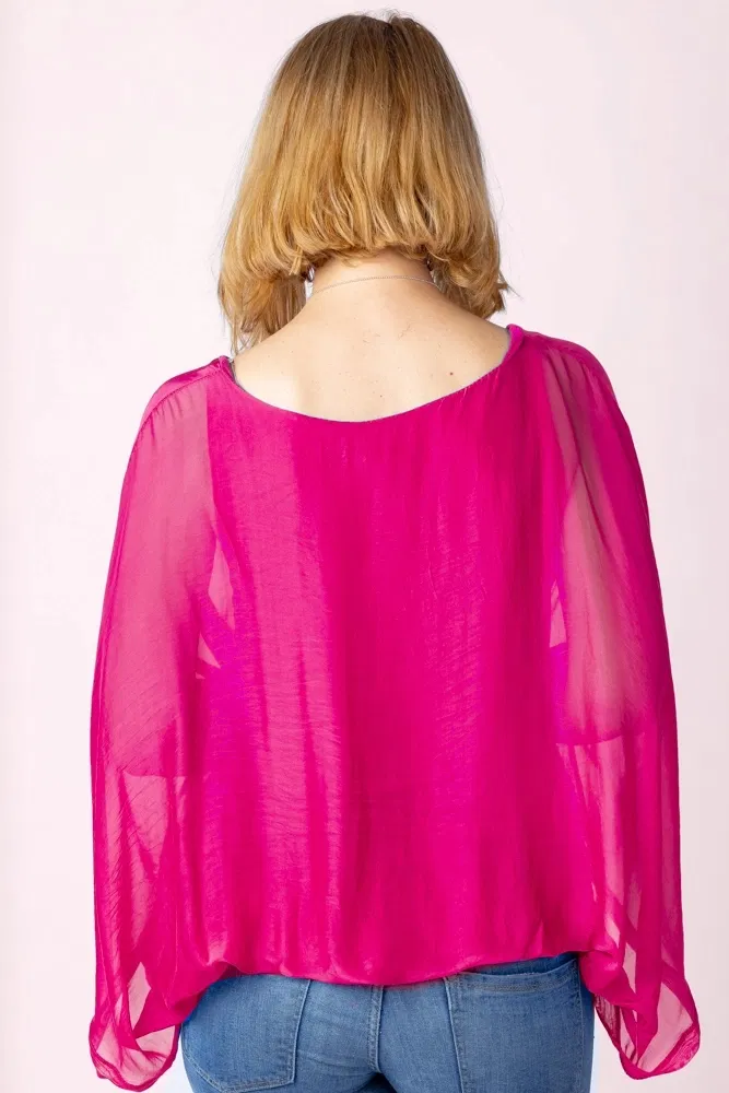 Bluza fucsia din matase si vascoza cu maneca fluture [3]