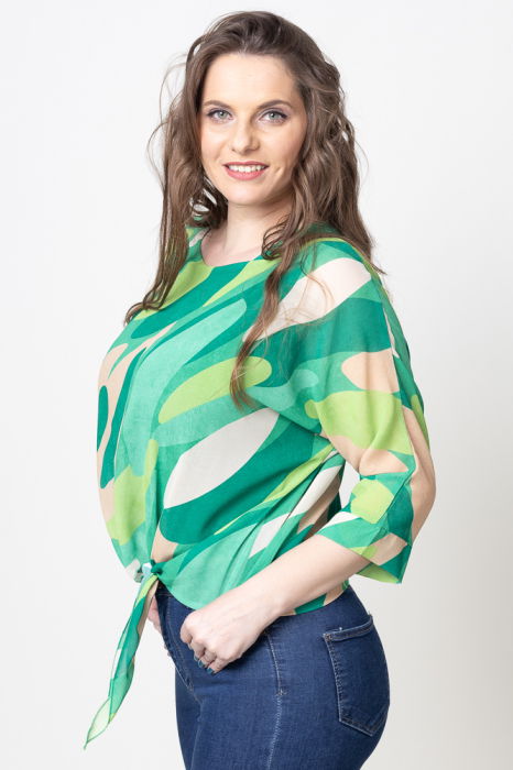 Bluza lejera cu imprimeu abstract verde si nod frontal [2]