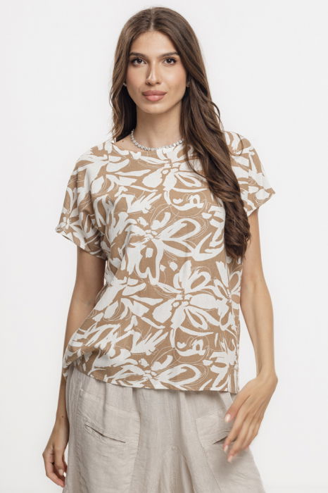 Bluza bej lejera din vascoza cu in, imprimata, cu maneca cazuta scurta [1]