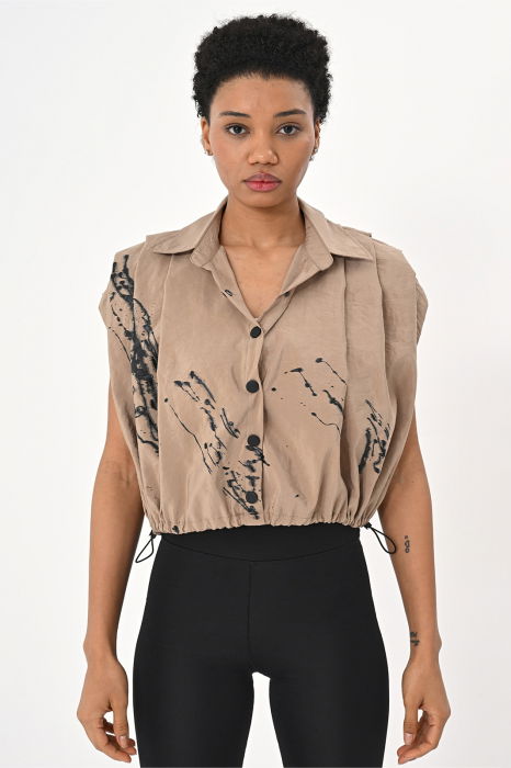 Compleu fusta asimetrica si bluza cu siret in talie, camel cu dripping negru [3]