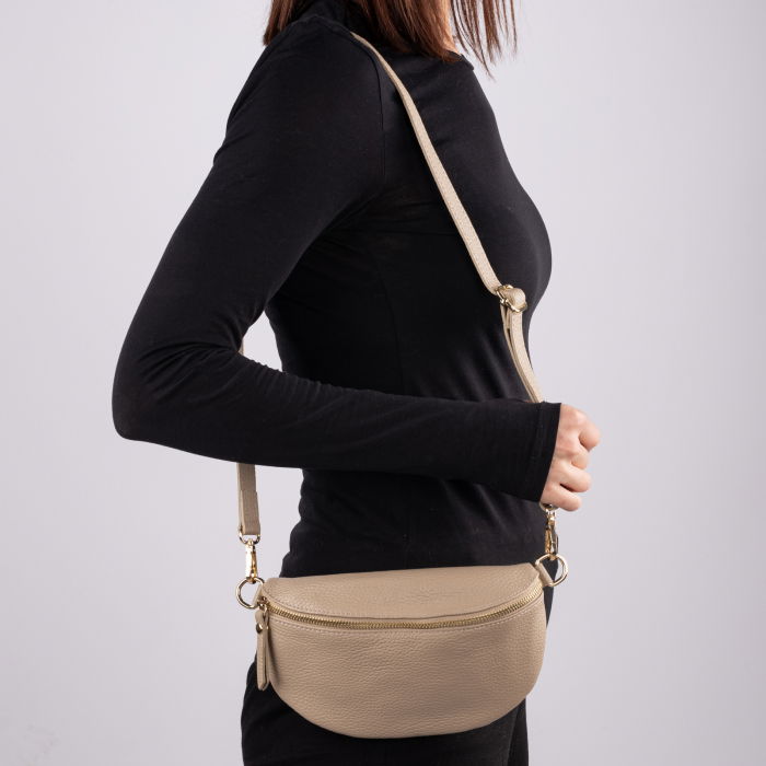 Borseta din piele naturala cu fermoar si bareta reglabila, bej inchis [3]