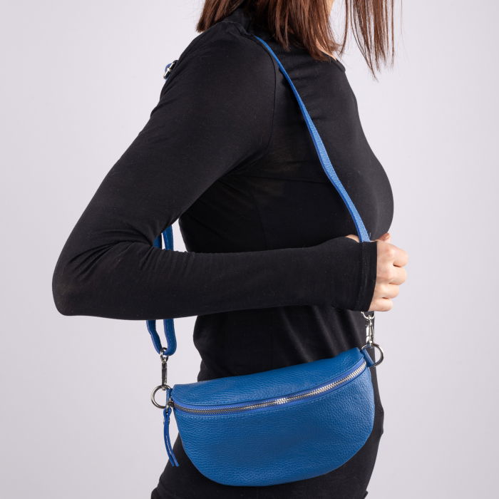 Borseta din piele naturala cu fermoar si bareta reglabila, albastra [3]