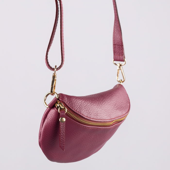 Borseta din piele naturala cu fermoar si bareta reglabila, magenta [2]