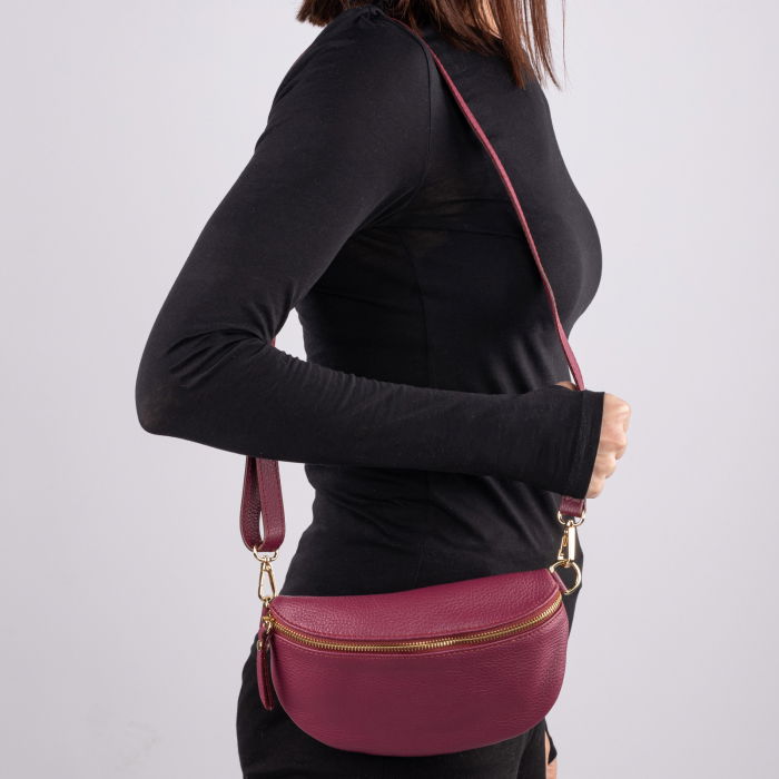 Borseta din piele naturala cu fermoar si bareta reglabila, magenta [3]