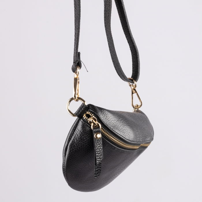 Borseta din piele naturala cu fermoar si bareta reglabila, neagra [2]