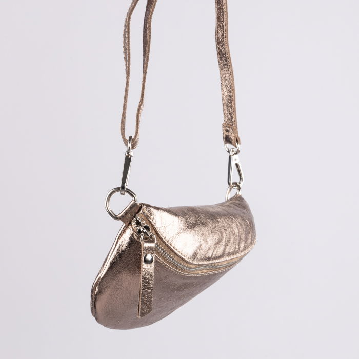 Borseta din piele naturala cu fermoar si bareta reglabila, auriu inchis [2]