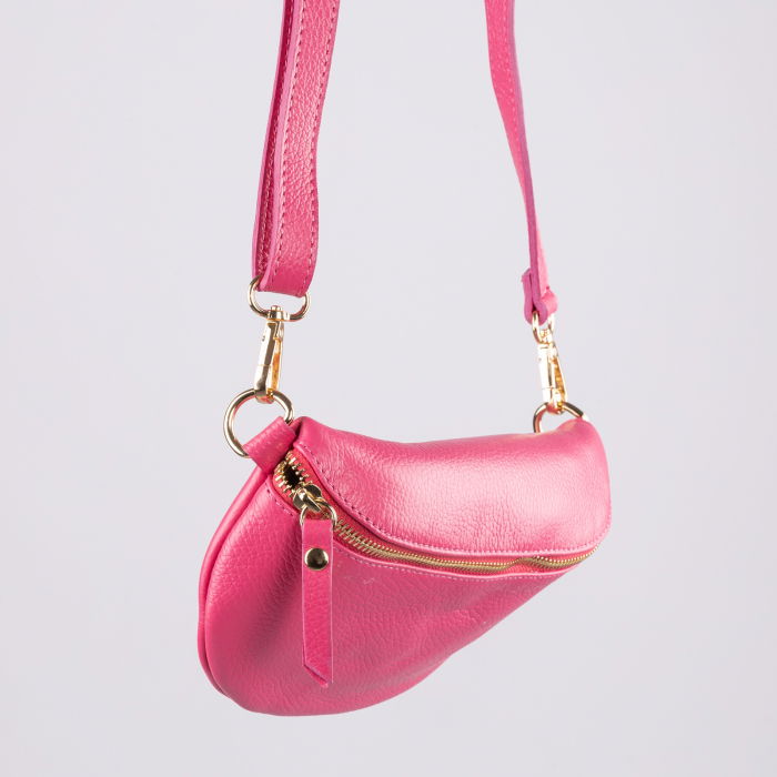 Borseta din piele naturala cu fermoar si bareta reglabila, fucsia [3]
