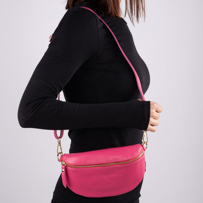 Borseta din piele naturala cu fermoar si bareta reglabila, fucsia [2]