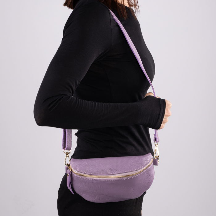 Borseta din piele naturala cu fermoar si bareta reglabila, mov deschis [3]