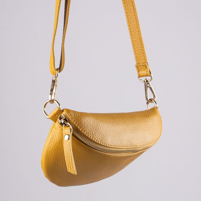 Borseta din piele naturala cu fermoar si bareta reglabila, galben mustar [2]