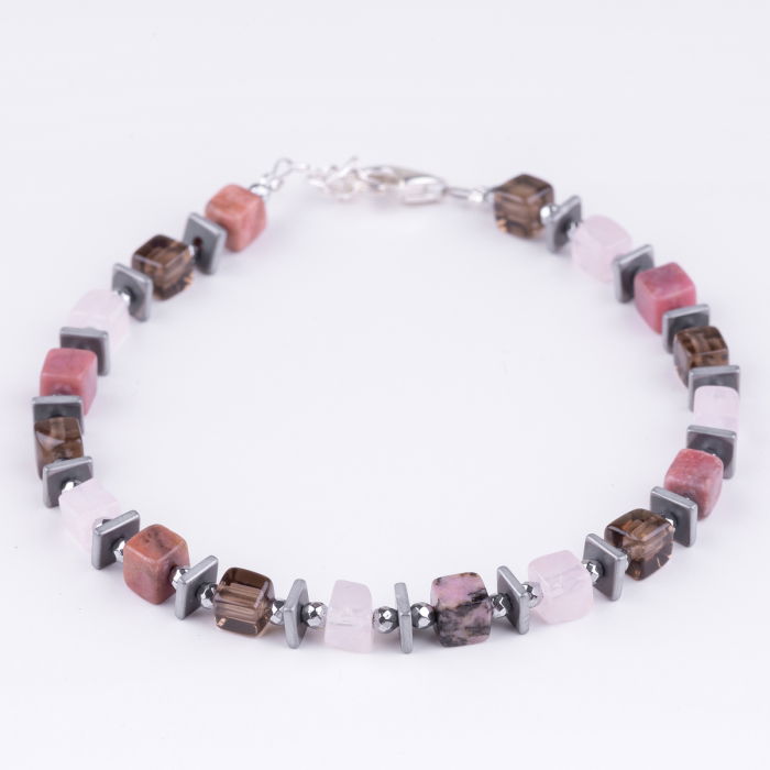 Bratara argint cu cuburi de cuart roz, rodonit, cuart fumuriu si hematit [1]