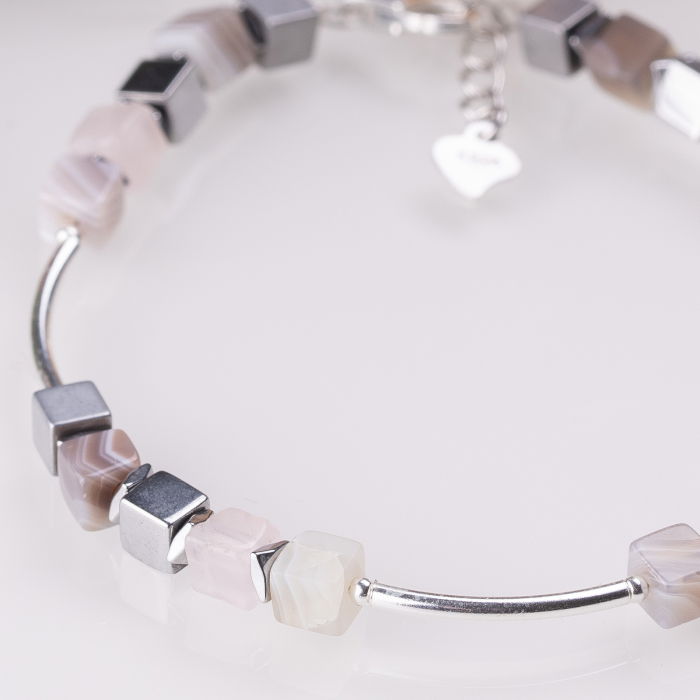 Bratara argint cu tuburi si serii de 5 cubulete din agate de Botswana si hematit [3]