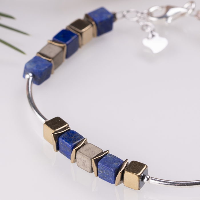 Bratara argint cu tuburi si serii de 5 cubulete din lapis lazuli si hematit auriu [2]