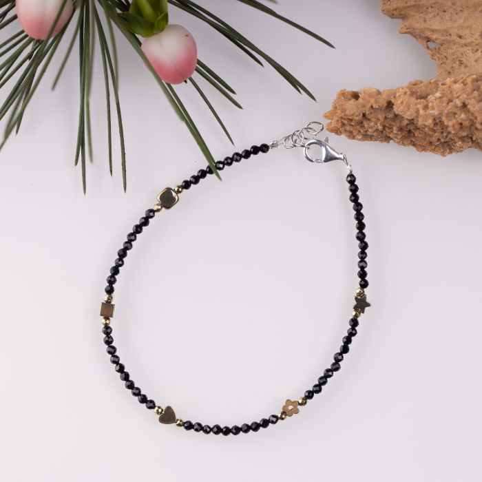 Bratara argint subtire din cubic zirconia negru si hematit auriu de diferite forme [3]