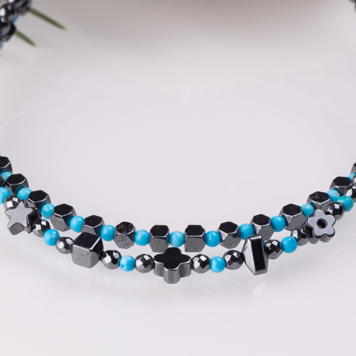 Bratara argint subtire din cuburi de hematit argintiu inchis si turcoaz 1.5mm [4]